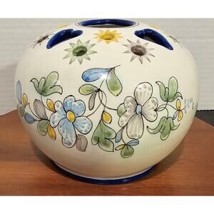 Round French Faience Flower Stand Vase A. Montagnon Blue Yellow Heart Star